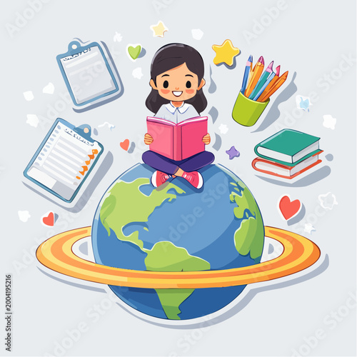 Child Reading Book on Planet Earth with School Supplies