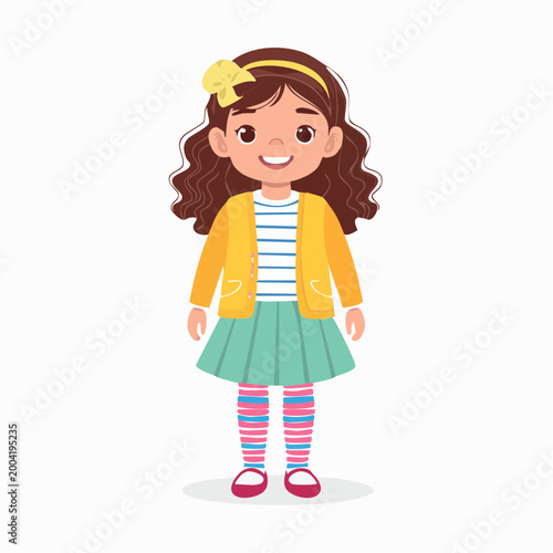 Cartoon Girl Standing with Yellow Cardigan and Striped Socks