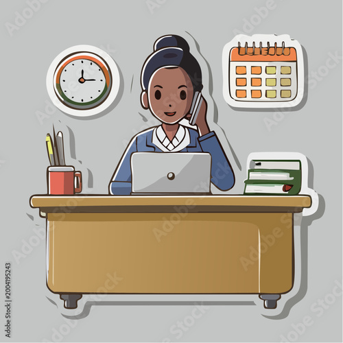 Businesswoman working at desk with laptop and phone