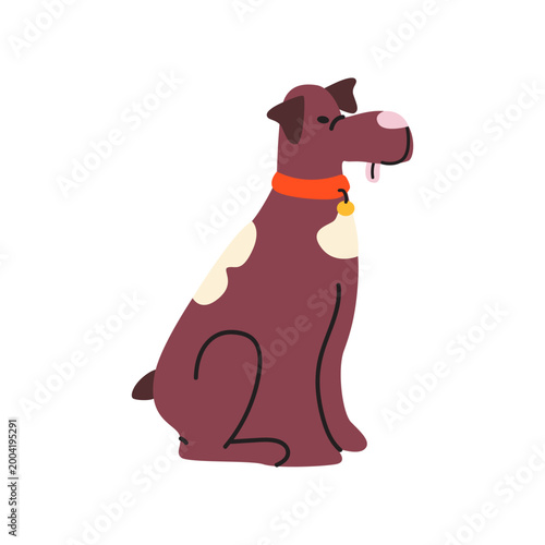 Cute vector illustration of a sitting brown dog with a red collar. Domestic pets concept