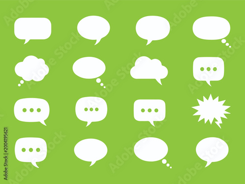 Collection of white speech bubbles on green background for communication design