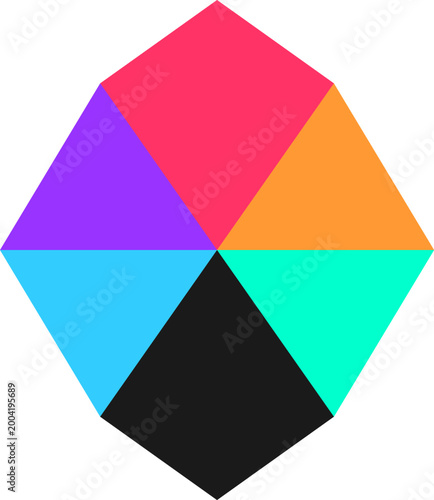 Modern abstract geometric hexagon shape featuring colorful faceted triangles on white background for design illustration.  illustration