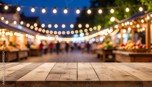 Wooden table with bokeh lights at vibrant night street market.