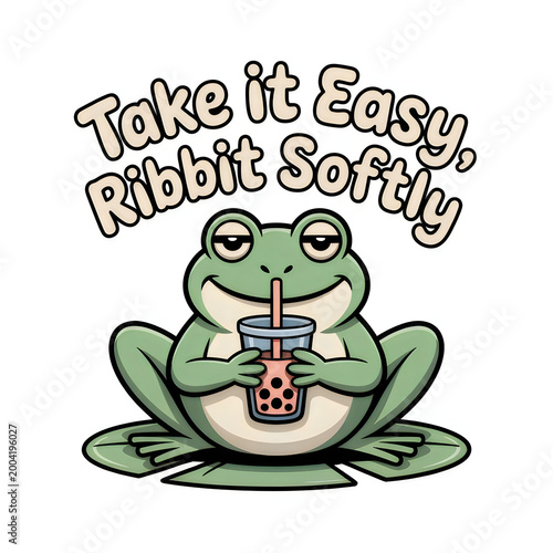 Cute pixel art frog drinking bubble tea with text take it easy ribbit softly isolated on transparent background