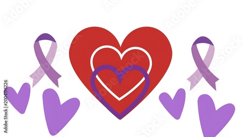 Health Awareness Concept with Heart, Purple Ribbons and Love Symbols for Support Campaign