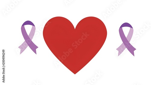 Minimal Red Heart with Purple Awareness Ribbons Symbolizing Care, Love and Health Support