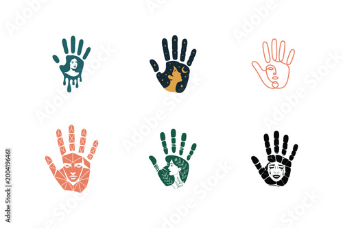 Artistic Hand-print & Woman Face Minimalist Vector Set
