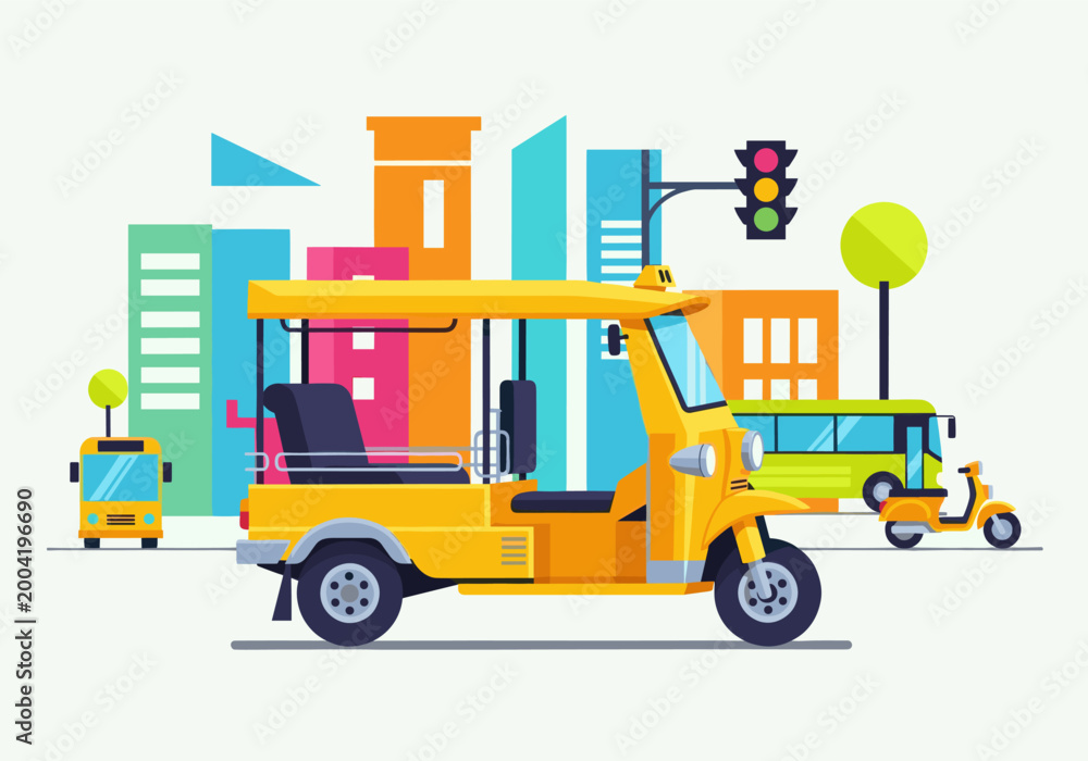 Naklejka premium Yellow auto rickshaw in a colorful stylized city scene