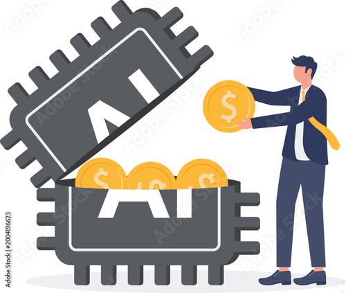 High-tech AI chip generating financial profit coins