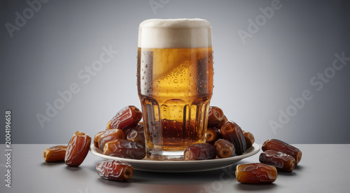 Glass of cold beer with foam served with a plate of dried dates on a grey table surface