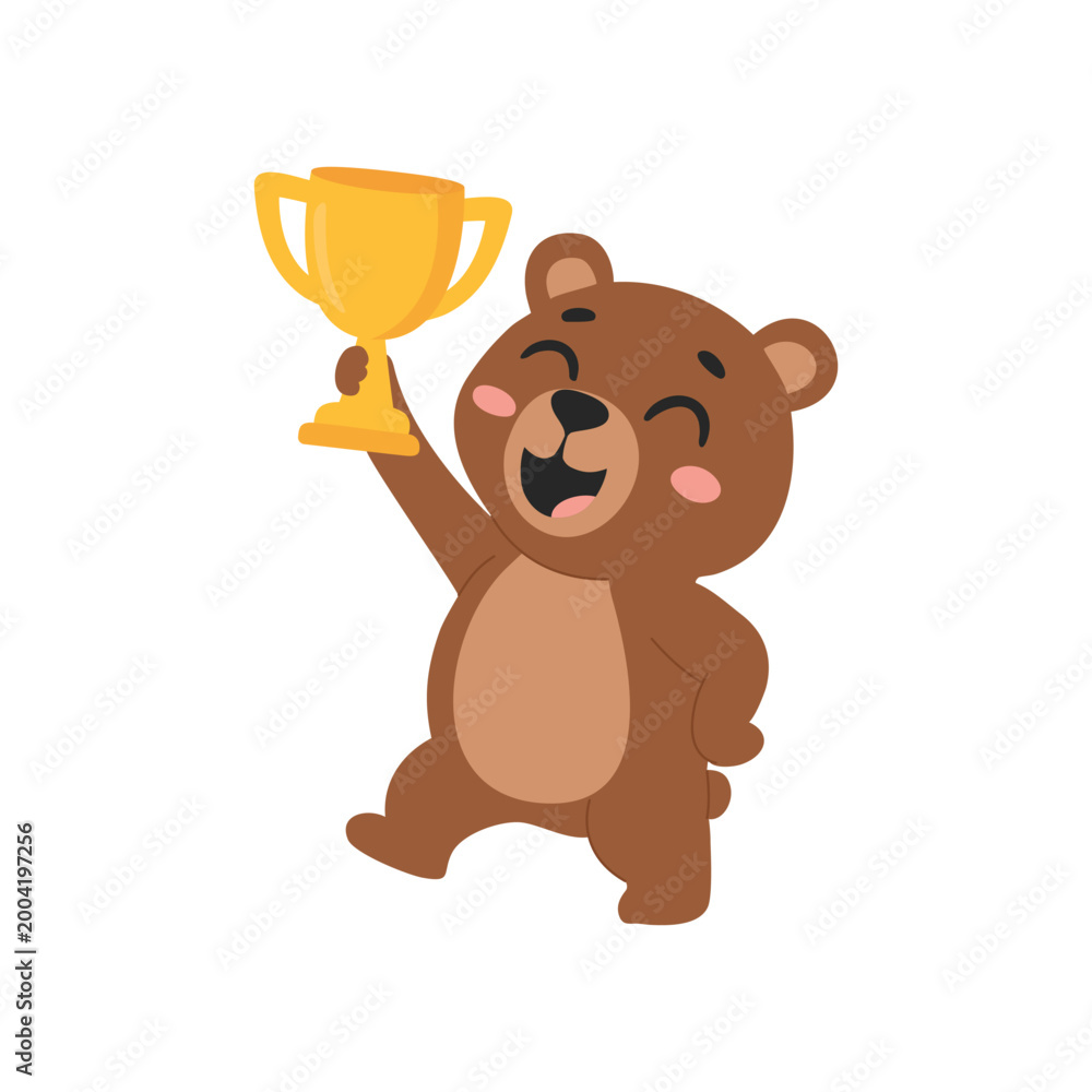 Obraz premium Cute cartoon bear holding a golden trophy, animal character vector Illustration