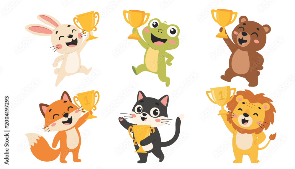 Obraz premium Set of cute cartoon animals winners, rejoice and hold winner's cups. Vector illustration in flat design style.
