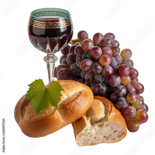 Glass of red wine with fresh green grape clusters and sliced bread on a plain white background