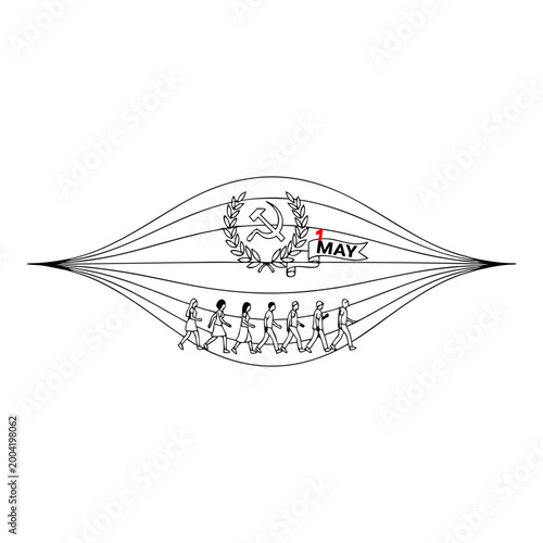 International Workers Day 1 May Line Art Vector Illustration with Labor March and Symbolic Emblem
