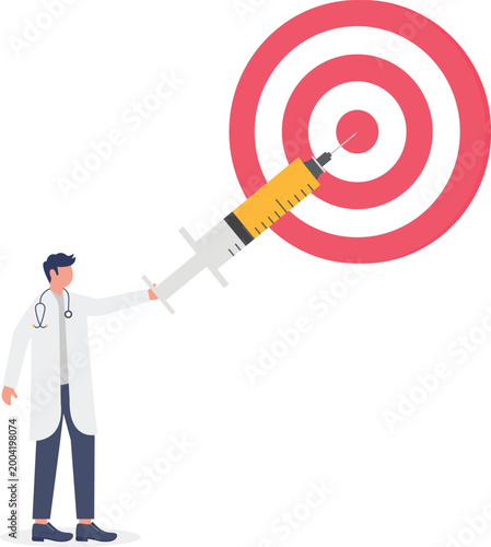 Doctor aiming syringe at business target board
