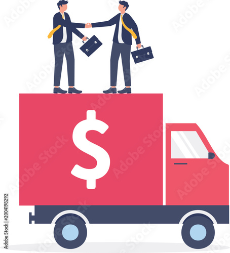 Professionals shaking hands on dollar delivery truck