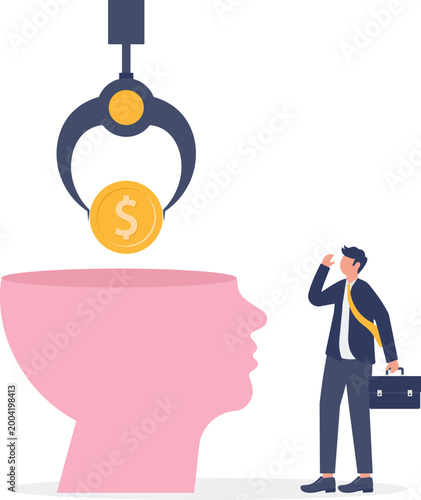 Crane dropping dollar coin into human mind