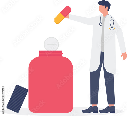 Doctor putting medicine pill into giant bottle