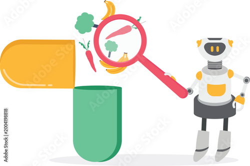 AI robot analyzing healthy food inside medical pill