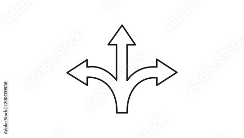 Fotografie Three-Way Arrow Split Minimalist Black Line Vector Icon on White Background, Load Balancer Symbol with Editable Stroke, Directional Navigation Illustration for Business Strategy and Networking