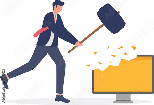 Professional destroying computer monitor with hammer