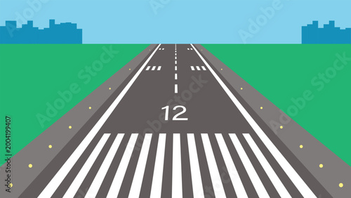 Isometric airfield runway against a clear sky and a cityscape in the distance. 3D cartoon vector isolated on white background