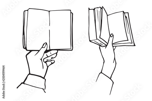 Two hands holding open books set hand drawn doodle vector. Female hands reading, holding book from below and side. BookTok reading aesthetic illustration isolated on white background.