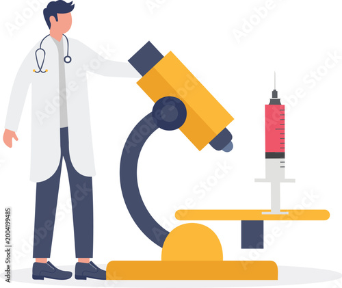 Doctor inspecting medical syringe with microscope