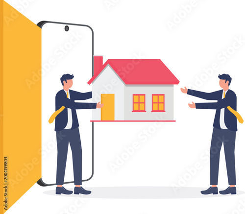 Professionals exchanging house model through mobile portal