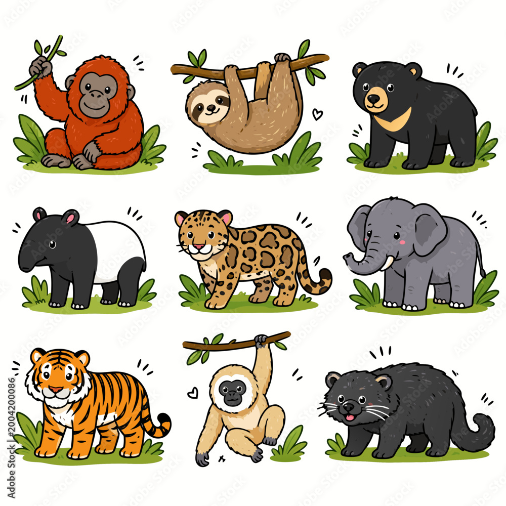 Fototapeta premium Tropical Mammals Cute Doodle Vector Set – Colorful Flat Cartoon Jungle Animals Collection