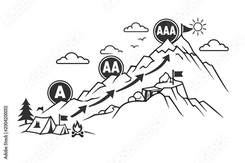 WCAG Web Content Accessibility Guidelines Levels Roadmap Illustration showing A, AA, and AAA Compliance as a Mountain Climb from Base Camp to Summit with Tents, Flags, and Arrows Vector Graphic.