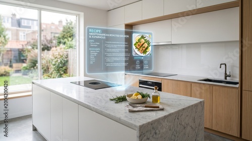 Bright Modern Kitchen with AR Digital Recipe Display for Mediterranean Roasted Salmon