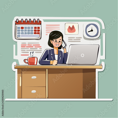 Woman Working at Desk with Laptop and Phone