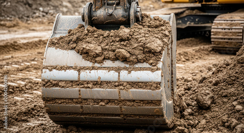 Excavator bucket filled with dirt and gravel on a construction site, heavy machinery in the background, showcasing earthmoving equipment in action