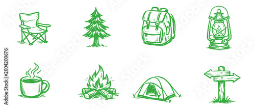 Camping and Outdoor Adventure Doodle Icon Set. Includes Tent, Campfire, Backpack, Lantern, Folding Chair, Pine Tree, Coffee Cup and Trail Sign.