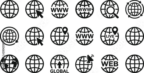 Globe icons set black and white vector illustrations