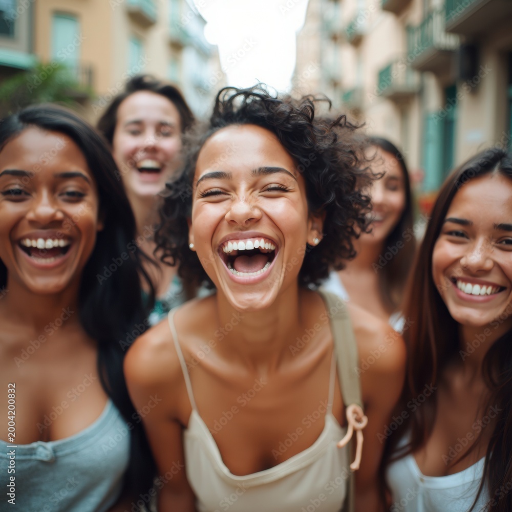 Fototapeta premium A Joyful Group of Friends Sharing Laughter in a Vibrant Urban Setting