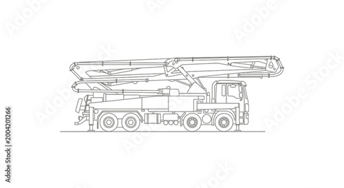 Line drawing of a concrete pump truck with a long articulated boom extended upwards, showcasing its mechanical components and chassis.