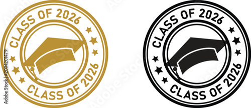 Class of 2026 graduation cap emblem set. Class of 2026 graduation cap seal - gold and black stamp designs. 
