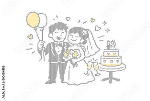 Minimalist wedding couple vector illustration, happy bride and groom with balloons and cake, romantic marriage ceremony line art drawing