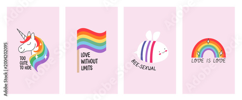 Set of pride month vertical banners with rainbow unicorn, pride flag, and bisexual bee. Retro groovy LGBTQ social media story templates for inclusive community celebration and marketing. Vector.