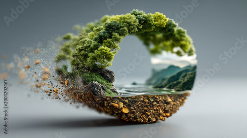 A circular cross-section of a vibrant natural landscape with trees, water, and earth, gradually eroding into particles on one side, symbolizing environmental fragility.