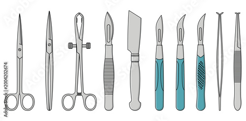 Surgical Instrument Set Including Scalpel, Scissors, and Forceps for Medical Procedure and Healthcare Vector Illustration