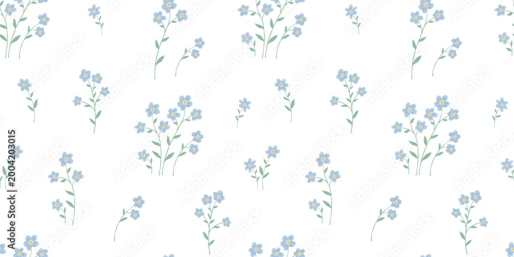 Obraz premium Seamless simple floral pattern with tiny flowers bouquet on white background. Vector ditsy blue print for textiles, vintage wallpaper, and fabric blossom design