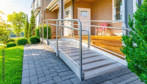 A wheelchair-accessible ramp leads to a porch of a modern home, surrounded by greenery and sunlight, ensuring inclusive access.
