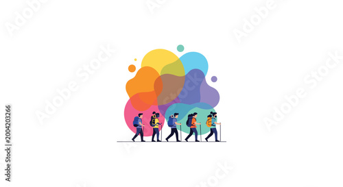 A group of five hikers with backpacks and walking sticks moves in a line across a clean white field with vibrant abstract colorful shapes behind them.