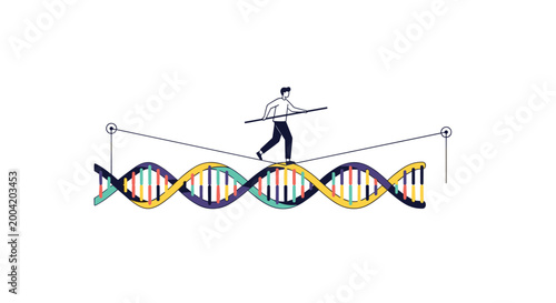 A person walks on a tightrope stretched across a colorful DNA double helix structure with circular anchor points at ends against a stark white background.