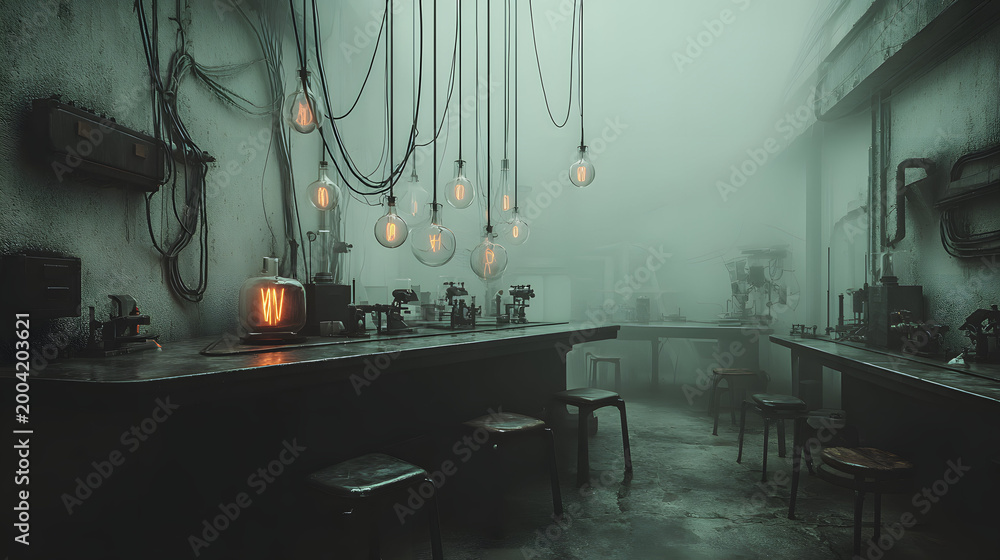Fototapeta premium abandoned industrial chemistry lab with hanging light bulbs and eerie atmosphere