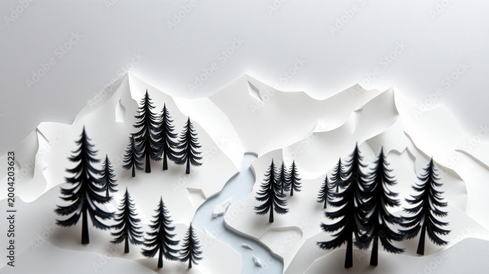 Fototapeta premium Papercraft mountains, trees, river scene. Minimalist design, white background, black silhouettes. Quiet winter landscape.