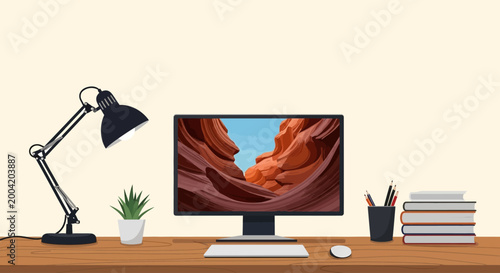Schilderij op canvas A well-lit wooden desk with a computer, keyboard, lamp, coffee cup, and potted plant against a plain background